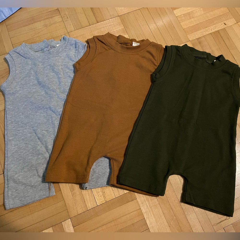 Set of Three Sleeveless 3-6m rompers in Gray, Brown, and Green
